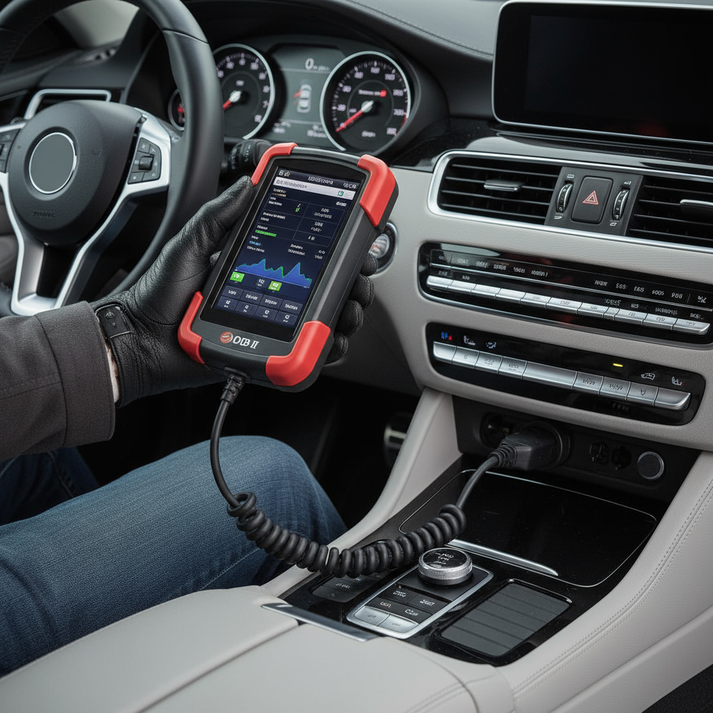 Escáner OBD profesional conectado al puerto diagnóstico del automóvil